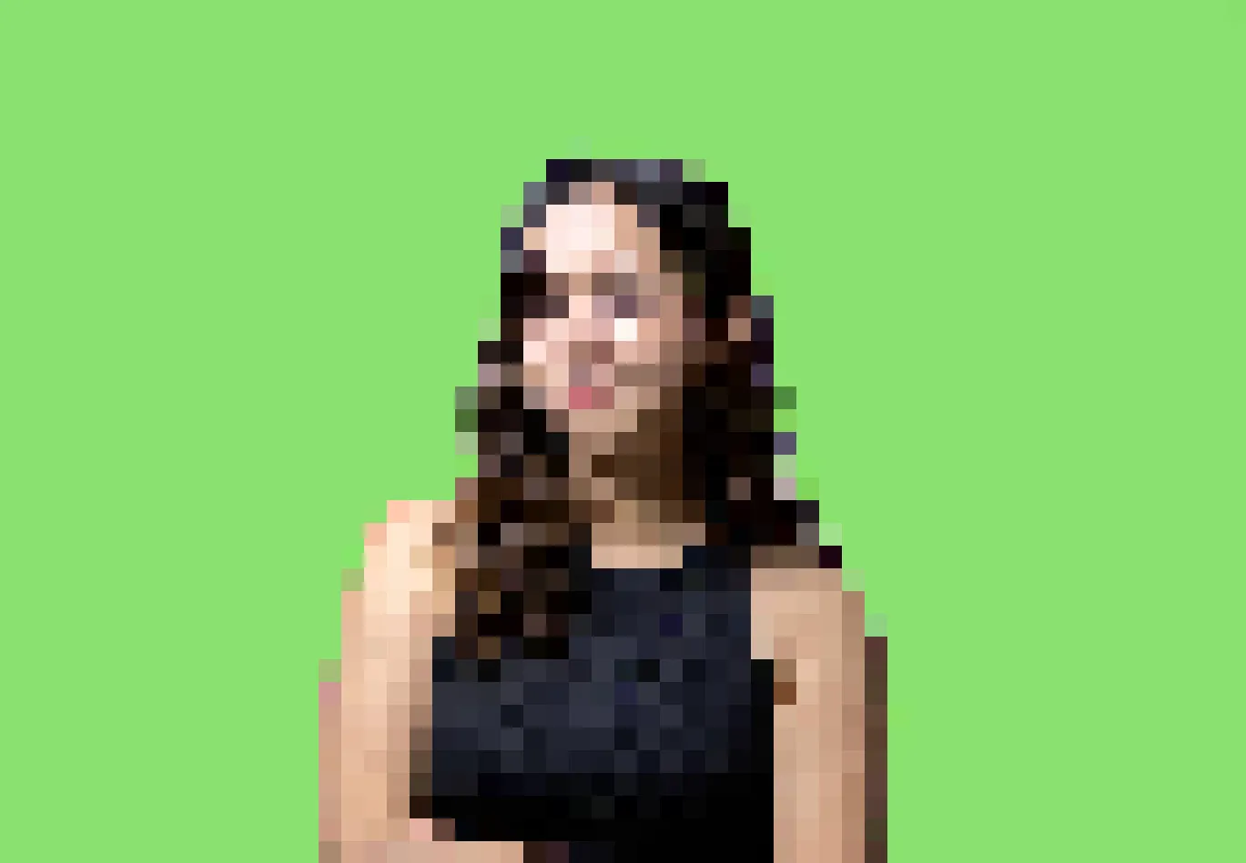 Portrait of Regina with a pixelate look and a lime green background