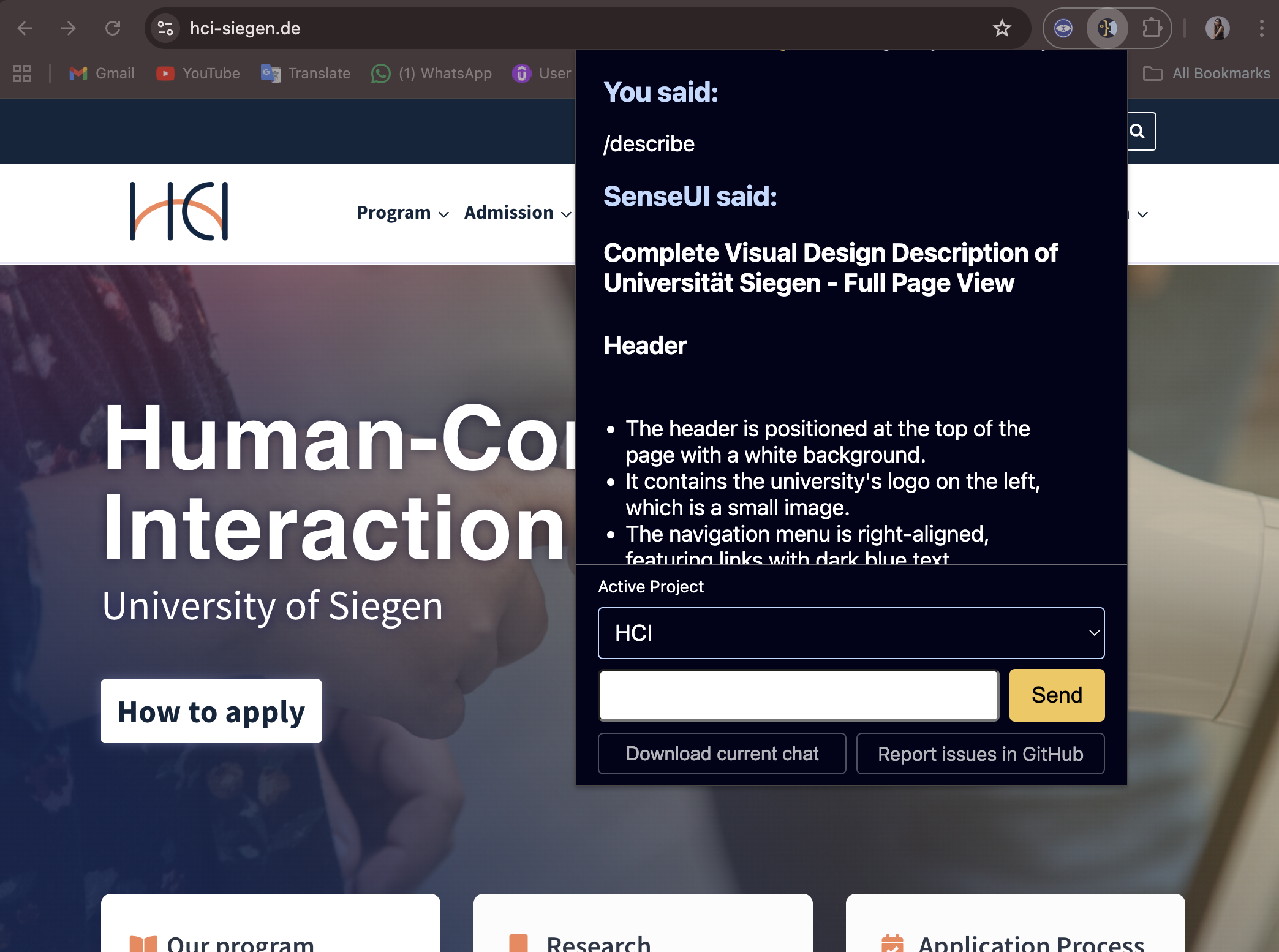 A screenshot showing SenseUI opened on a page, giving feedback about Regina Castro's website