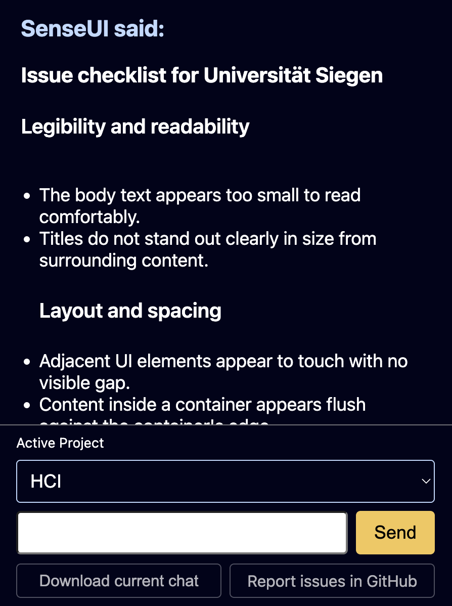 A screenshot showing SenseUI opened on a page, giving showing AI feedback that uses headers and lists