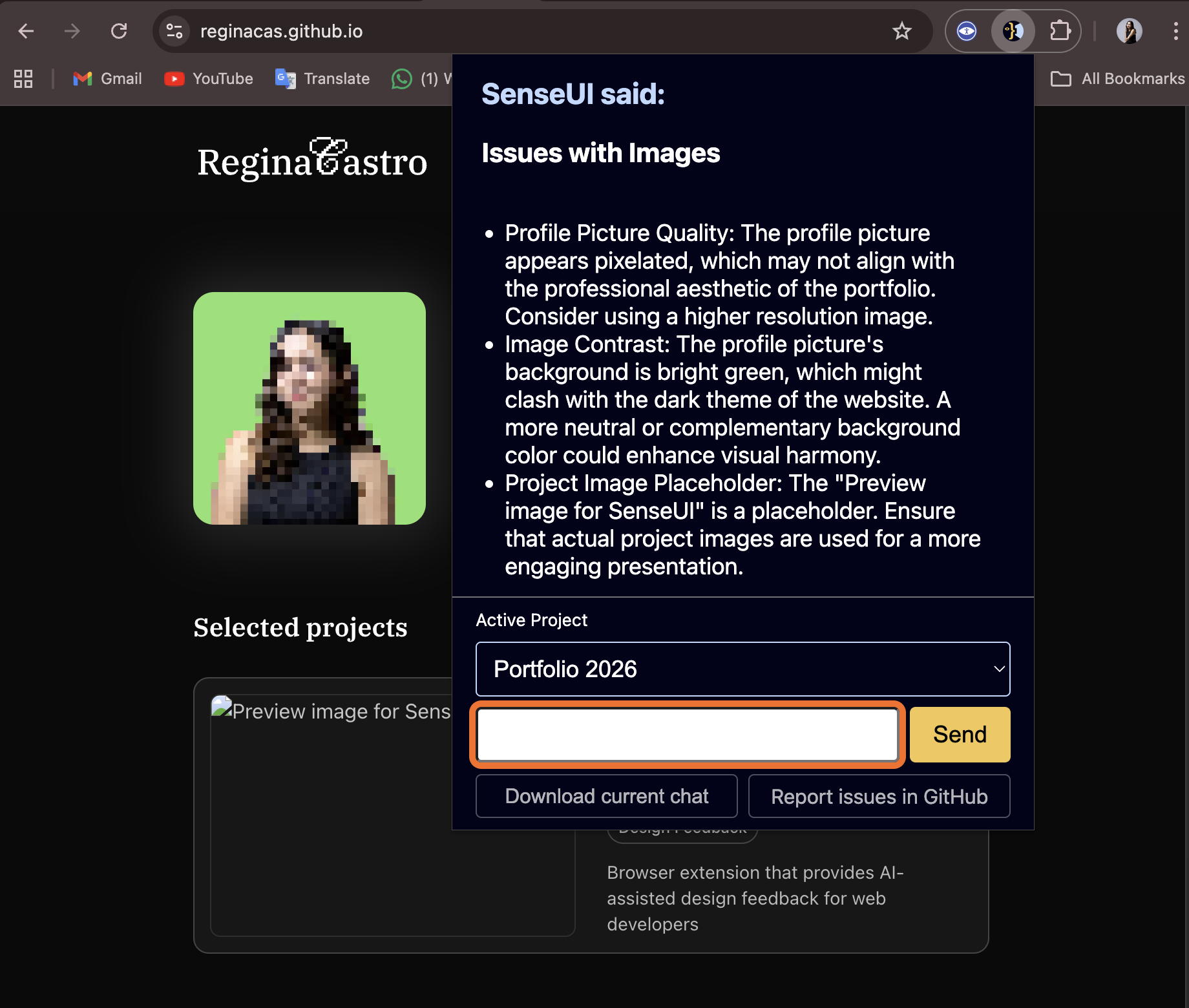 A screenshot showing SenseUI opened on a page, giving feedback about Regina Castro's website