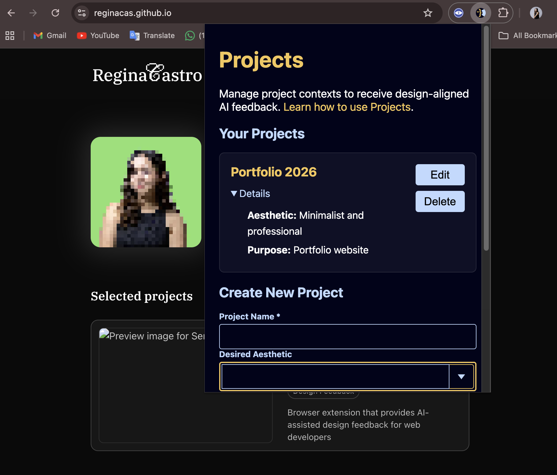 A screenshot showing SenseUI opened on a page, giving feedback about Regina Castro's website