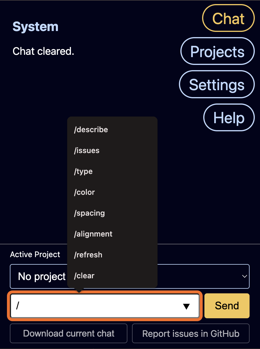 A screenshot showing SenseUI's available slash commands: /describe, /issues, /type, /color, /spacing, /alignment, /refresh, /clear