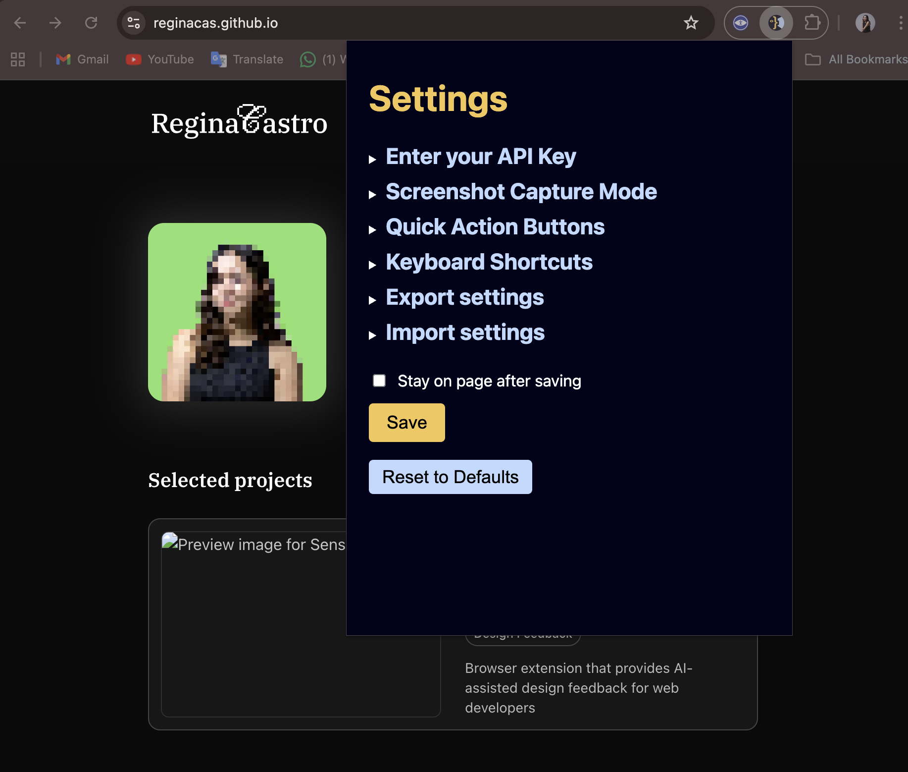 A screenshot showing SenseUI opened on a page, giving feedback about Regina Castro's website