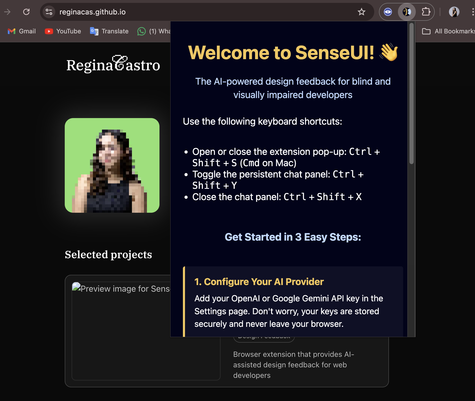 SenseUI's welcome page opened in a browser